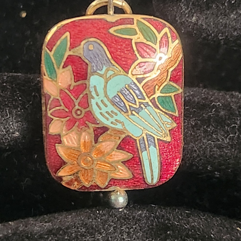 Vintage Cloisonne Enamel Bird Floral Pendant‎ Gold Tone Rectangular Charm Red